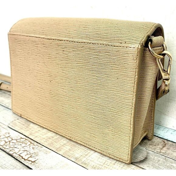 Cole Haan COATED BEIGE GENUINE LEATHER FLAP SMALL X-BODY SHOULDER BAG MESSENGER - Picture 5 of 11